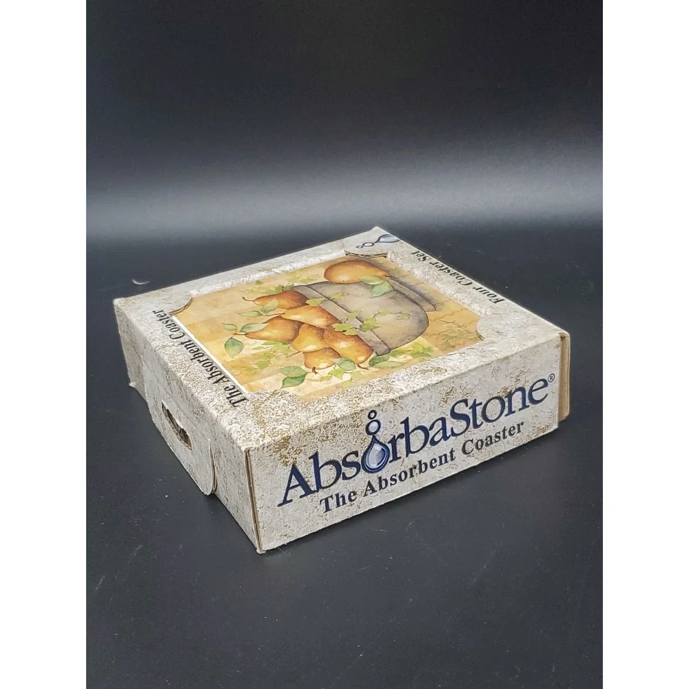 Set Of Four Stone Coasters Pears In Bowl In Box 4 X 4 Cork Backing